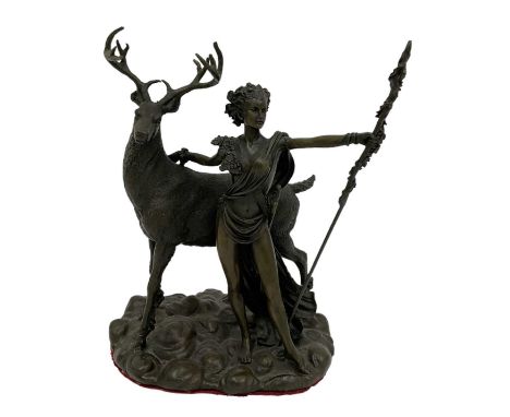 A modern bronze figure of a lady and a stag, height 25cm.