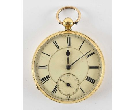 A Victorian 18ct yellow gold open face pocket watch, the white enamel dial set with Roman numerals and subsidiary seconds, di