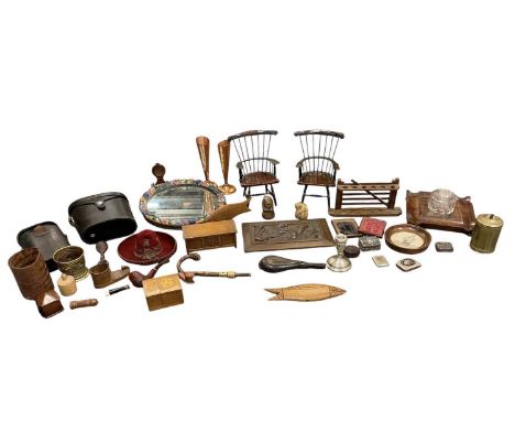 A quantity of collectors' items and treen including a pair of miniature country chairs, a Mexican child's hat, pair of hammer