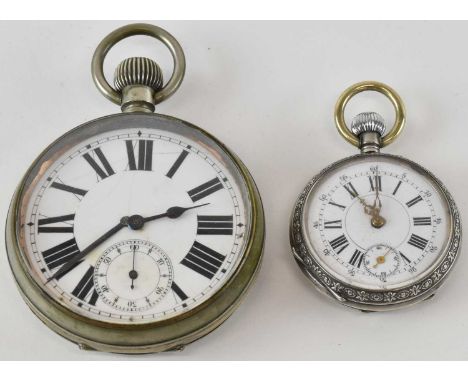 A white metal cased pocket watch, the white enamel dial set with Roman numerals, diameter 4cm, and a Goliath pocket watch, th