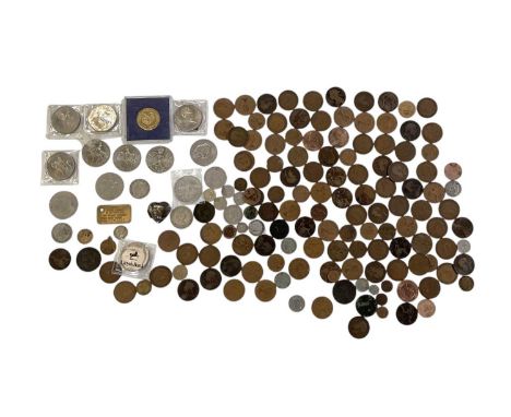 A large quantity of all world coins and four tokens, contained in a Victorian walnut and crossbanded caddy, 21 x 11.5cm.
