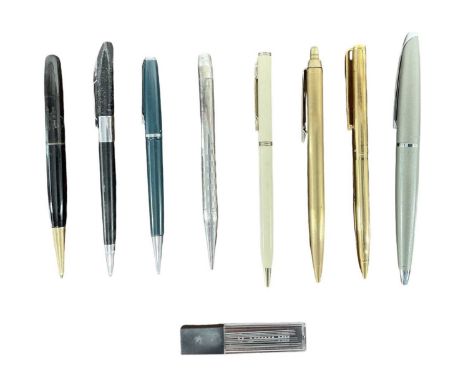 Eight various vintage pens and propelling pencils, including a sterling silver pencil with chequered pattern (8).