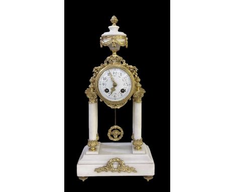 A late 19th century French white marble and ormolu mounted mantel clock, the white enamel dial painted with flowers, diameter