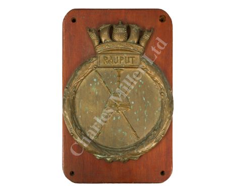 A CAST BRASS SCREEN BADGE FROM I.N.S. RAJPUT (EX.-H.M.S. ROTHERHAM ), CIRCA 1949 the 19in. high badge mounted on substantial 