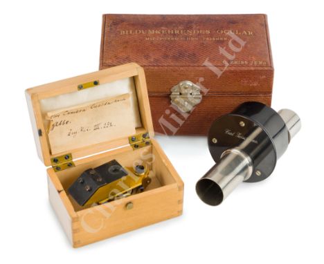 TWO CARL ZEISS MICROSCOPE ACCESSORIES comprising a camera lucida attachment, lacquered brass, contained in fitted case with p