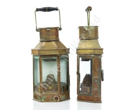 A PAIR OF ENGINE ROOM LAMPS, CIRCA 1900 constructed in brass with three-sided glazed front, white painted interior and burner