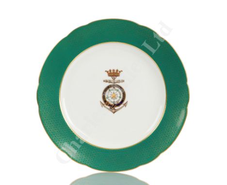 A COPELAND PLATE USED ABOARD THE R.Y. OPHIR , 1901 with hand-painted Royal emblem to centre within green and gilt border, the