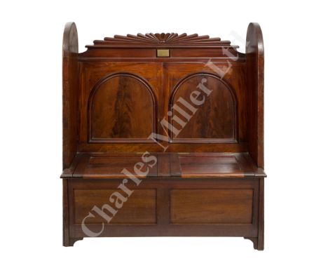 AN HISTORICALLY INTERESTING SETTLE, CONSTRUCTED FROM THE GANGWAY BOARDS AND REMOVED PANELLING OF THE P&amp;O LINER R.M.S. RAW