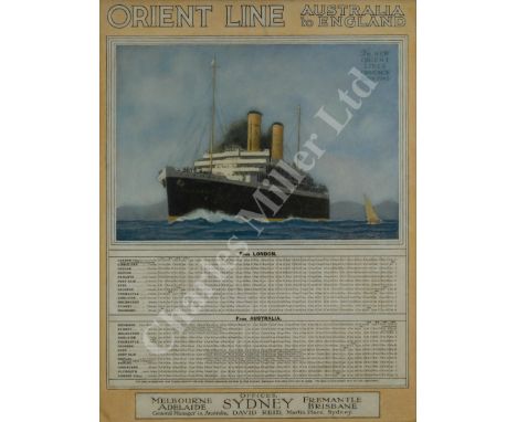 AN ORIENT LINE AUSTRALIA TO ENGLAND SCHEDULE, CIRCA 1914 with large depiction of the Ormond , after Norman Wilkinson and sche