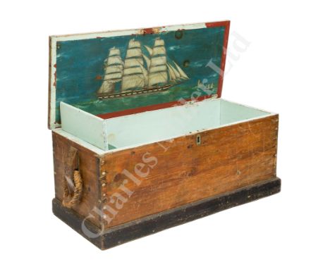A 19TH CENTURY SAILOR’S CHEST of traditional form with slightly tapering sides with wooden brackets carved with stars, painte