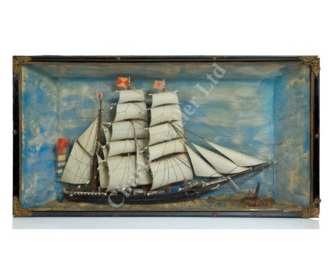 A SAILOR'S PICTURE HALF MODEL / SHADOW BOX OF THE COMPOSITE BARQUE OCEAN ROVER OFF HAWAII, CIRCA 1880 the carved ebonised woo