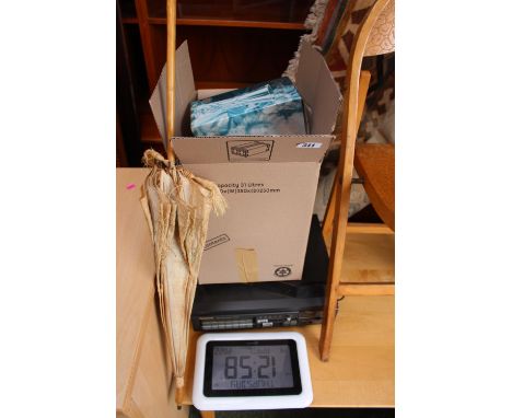 Box of assorted Glassware and bygones and a Panasonic Record Player 