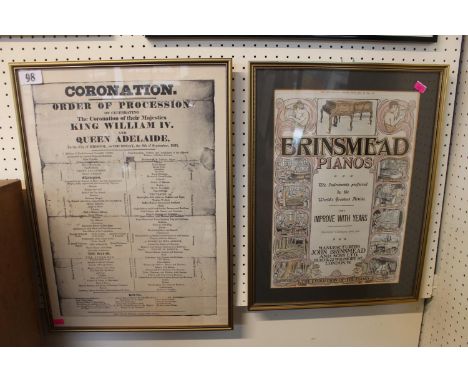 Framed print of William IV Coronation and a Advertising print for Brinsmead Pianos 