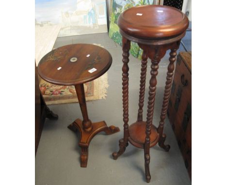 Mahogany circular tripod occasional table with oriental decoration, together with a modern hardwood barley twist torchere sta