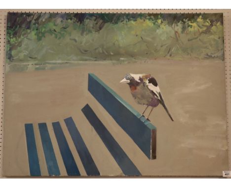 Neville Weston, study of a magpie on a bench, unsigned, oils on canvas, 75 x 104cm approx.(B.P. 24% incl. VAT)
