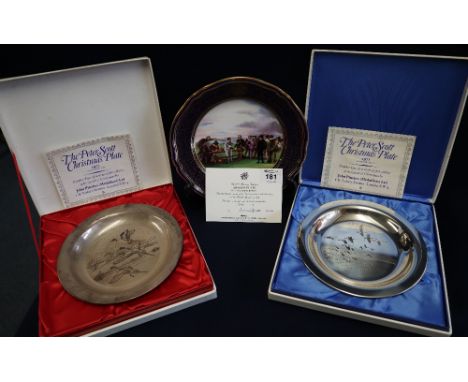 Two silver Sir Peter Scott Christmas plates 1970 and 1971, 12 troy ozs approx for both. Together with a Spode porcelain Armad