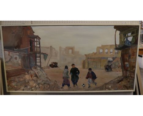 Neville Weston, (Australian, 1936-2017), Baghdad scene with children playing football, signed, oils on canvas.  Framed.  80 x