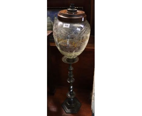 Unusual standard floor lamp incorporating cut glass decanter marked MacConall's special Irish on metal baluster shaped pedest