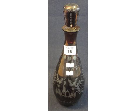 Early 20th Century ruby flash cut glass bottle shaped decanter and stopper with scroll work decoration and stag designs. 32cm