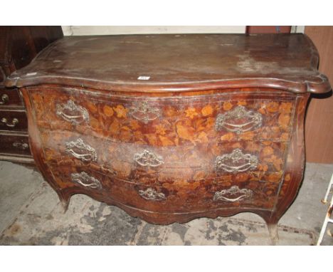 19th Century Dutch floral marquetry Bombé commode chest of three drawers. Water damage, no reserve.(B.P. 24% incl. VAT) CONDI
