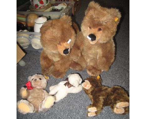 Box of soft toys to include; Steiff brown bears, Steiff lamb and another Steiff seated teddy bear. (5)(B.P. 24% incl. VAT) 