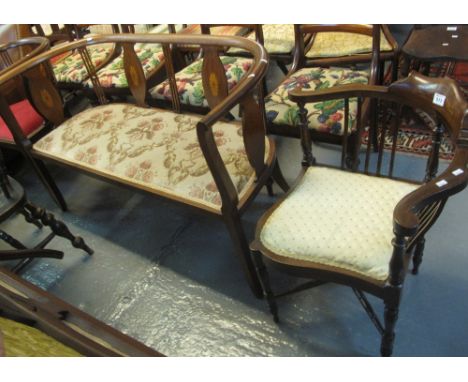 Edwardian mahogany inlaid parlour suite comprising; two seater sofa, tub chair and a corner chair. (3)(B.P. 24% incl. VAT)
