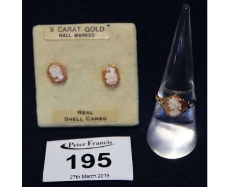 9ct gold shell cameo ring and a pair of earrings. (B.P. 24% incl. VAT)