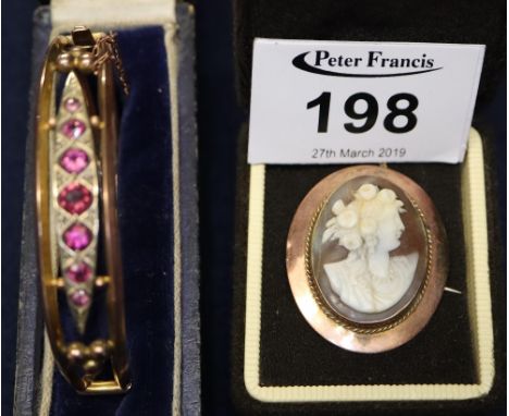 9ct gold shell cameo brooch and a 9ct gold gem set bangle (broken).(B.P. 24% incl. VAT)