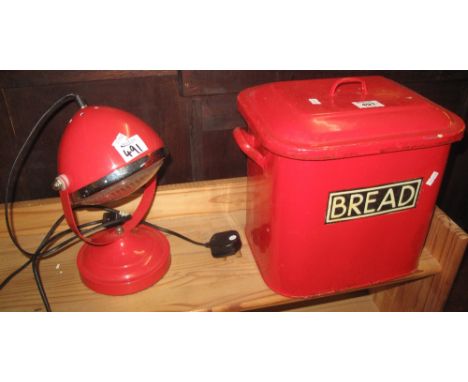 Painted enamel bread bin and cover, together with a swivel table lamp. (2)(B.P. 24% incl. VAT)