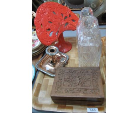 Tray of items to include; a pair of square section cut glass decanters and stoppers, caved sandalwood box, chamber stick and 