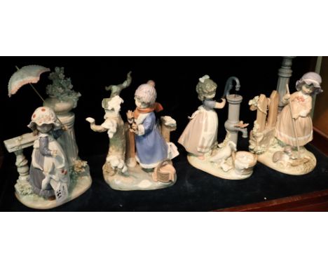 Group of four large Lladro porcelain figure groups, featuring little girls with animals and birds, printed marks to bases. (4