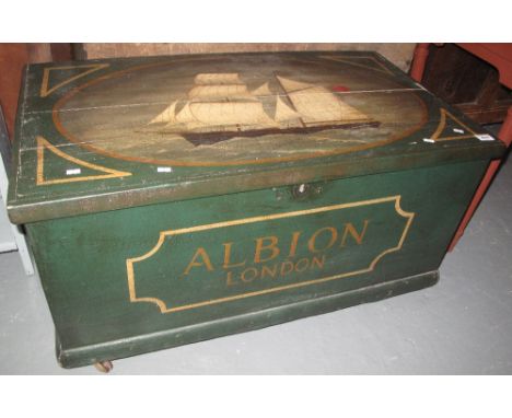 19th Century pine trunk overall painted with marine study and labelled Albion London. (B.P. 24% incl. VAT)