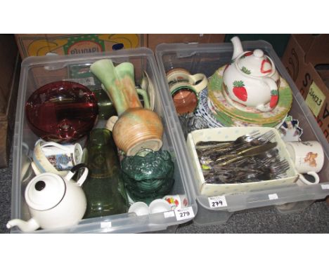 Two boxes of assorted china, glass and metalware, various to include; art deco single handled vase, art glass vases, china te