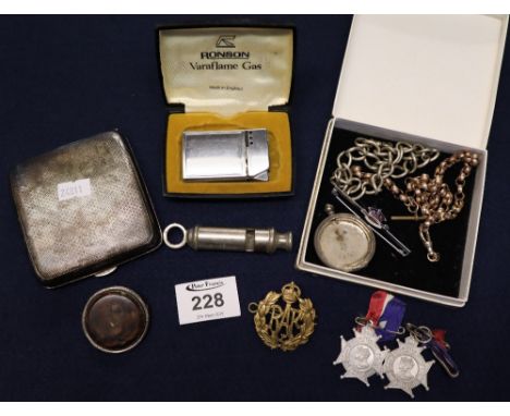 Silver engine turned cigarette case with Birmingham hallmark, assorted costume jewellery items, RAF cap badge, Coronation med