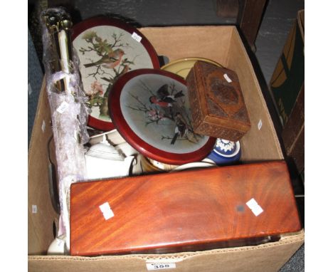 Box of miscellaneous items to include; Welsh souvenir teapot, cabinet cups and saucers, mahogany view slide box, other boxes 