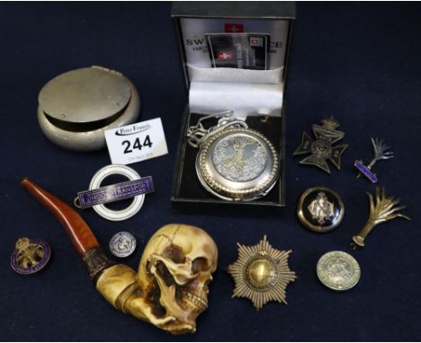 Bag of oddments to include; military and other pin badges, London transport etc, modern Swiss balance pocket watch, snuff box