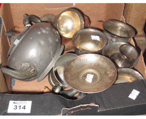 Box of metalware to include; pewter teapot, goblets, travelling hip flask etc. (B.P. 24% incl. VAT) 