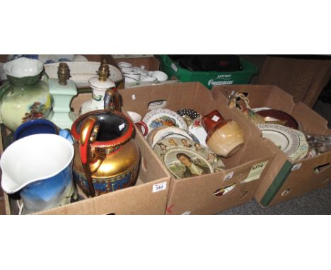 Three boxes of assorted china and other items to include; cabinet plates, Doulton Burns plates, Doulton Lambeth hunting scene