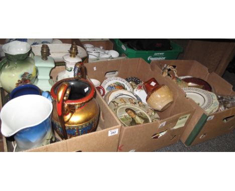 Three boxes of assorted china and other items to include; cabinet plates, Doulton Burns plates, Doulton Lambeth hunting scene