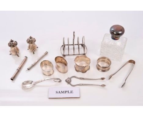 Collection of Victorian and later miscellaneous silver and white metal, including silver mounted cut glass scent bottle, toas
