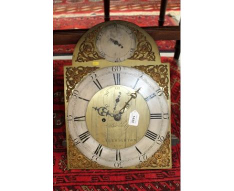 Late 18th century longcase clock movement, striking on a bell with thirteen inch brass break arch dial with subsidiary second