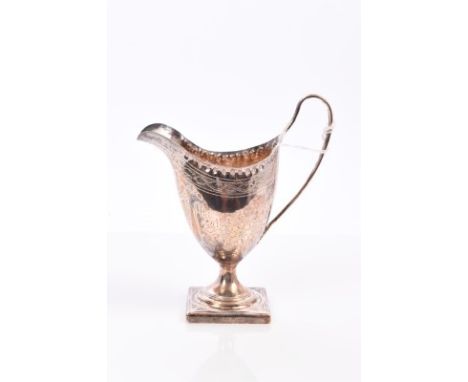 George III silver helmet cream jug with punched border and bright cut engraved decoration, loop handle, on square pedestal fo