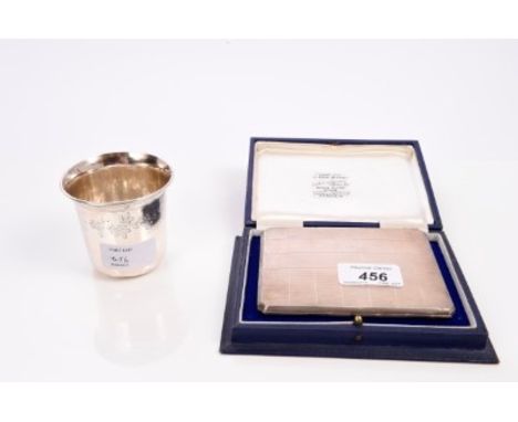 Contemporary silver cigarette case of rectangular form, with engine-turned decoration, interior with presentation inscription