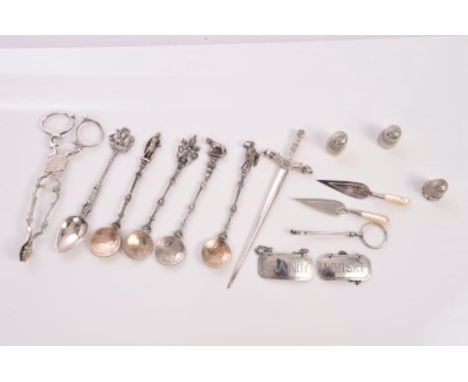Selection of miscellaneous silver and white metal including pair Georgian sugar nips, Scottish silver paper knife in the form