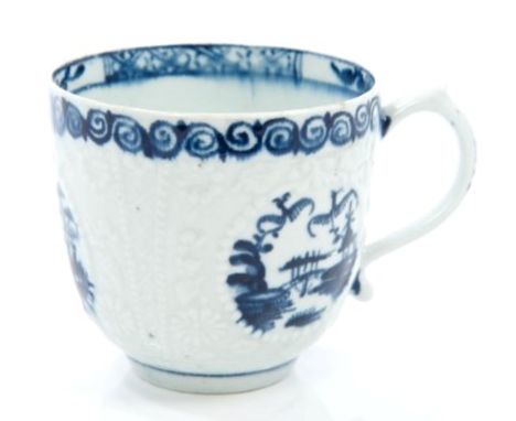 18th century Lowestoft porcelain coffee cup with Hughes-type moulding, the relief moulded decoration incorporating the initia