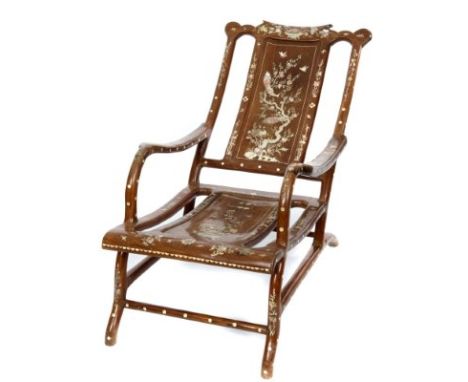 Early 20th century Chinese mother of pearl inlaid hardwood reclining planters-type chair with ornate bird, floral and scroll 