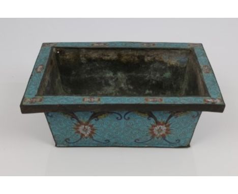 Chinese cloisonné flower trough, rectangular top with tapered sides, decorated with scrolls and flower heads against a turquo