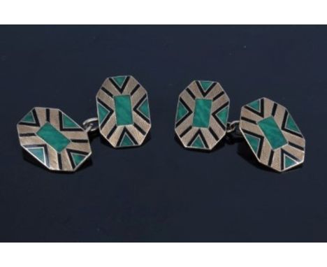Pair Art Deco gold and enamel cufflinks, the octagonal panels with green enamel simulated malachite inlay and black enamel st