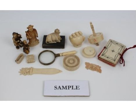 Collection of 19th century carved ivory and bone items including Stanhopes, inscribed lace making bobbin, etc