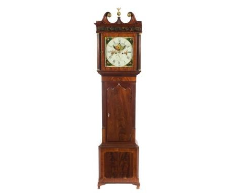 Early 19th century longcase clock with square dial decorated with floral spandrels and moon-phase dial, the face signed 'Alke